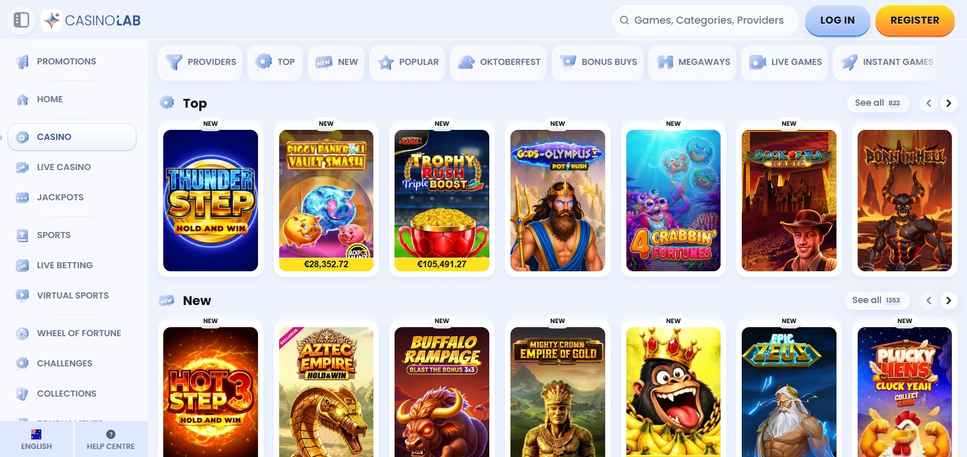 Casino Lab games lobby with its category menu