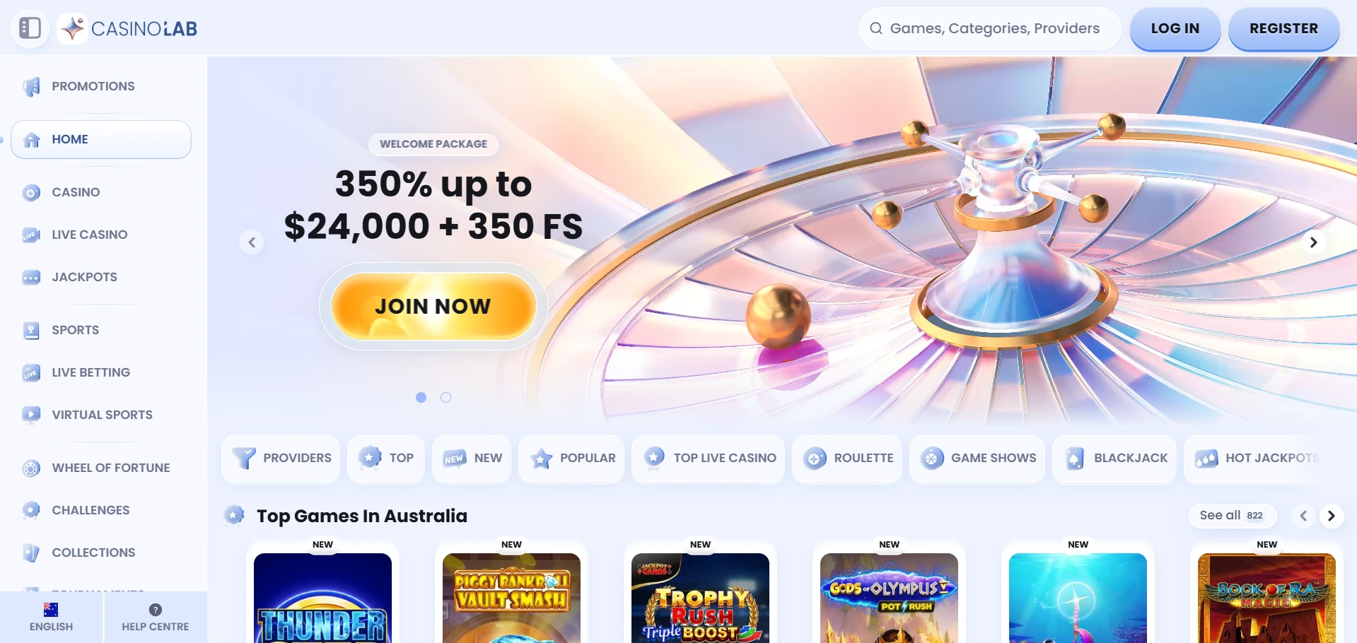 Casino Lab homepage as it appears to visitors from Australia